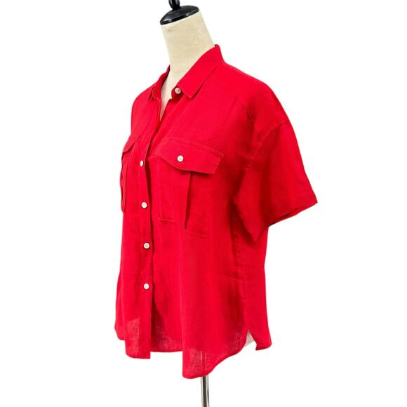 Alex Mill Bright Solid Red 100% Linen Short Sleeve Button Up Utility Camp Shirt - Picture 2 of 10